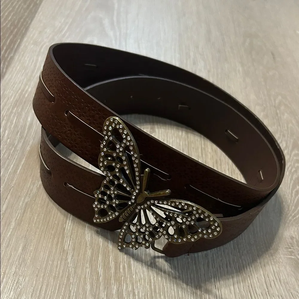 Boho Faux Leather Flower Printed Brown Belt w Bejeweled Brass Butterfly Buckle